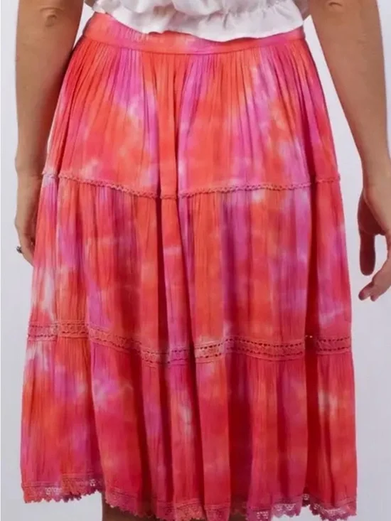 Sacred Threads Pink & Orange Tie-Dye Tiered Midi Skirt - Picture 4 of 8